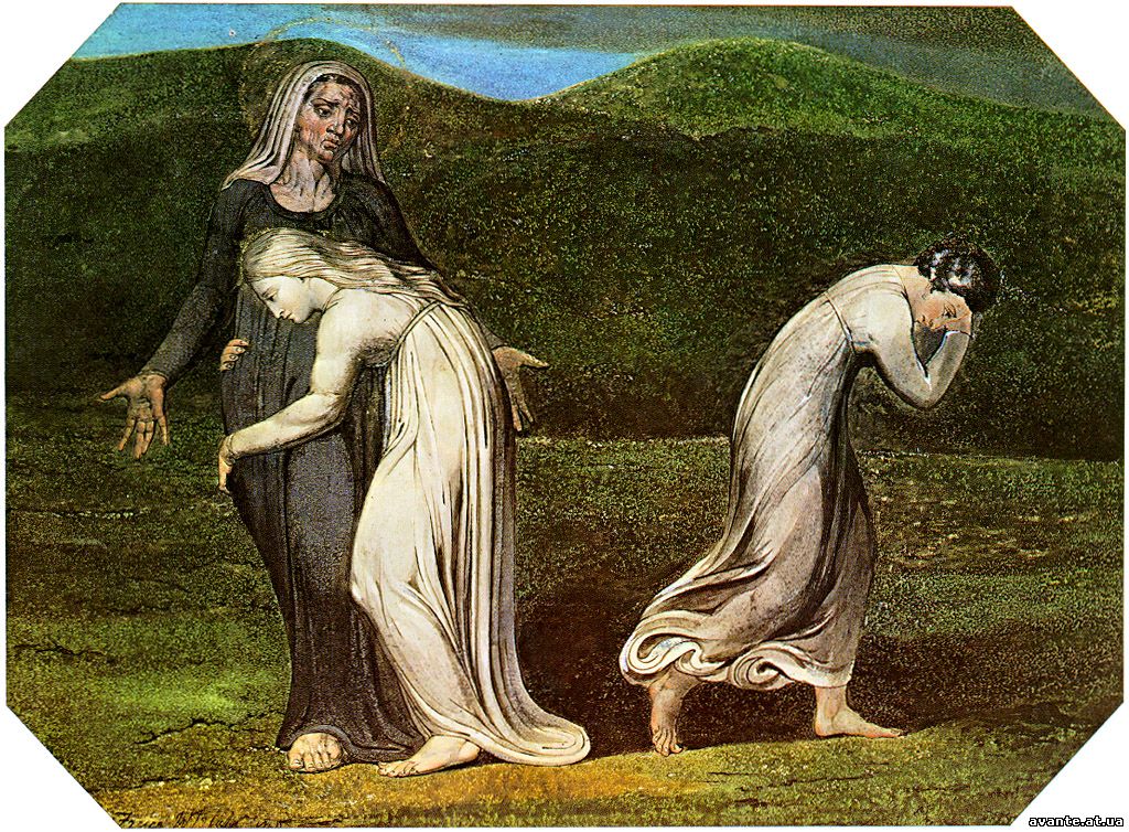 Малюнок 3 Ноомі вмовляє Рут і Орфу покинути її, повернувшись на їх батьківщину, але Рут відмовляється; художник Вільям Блейк, 1795